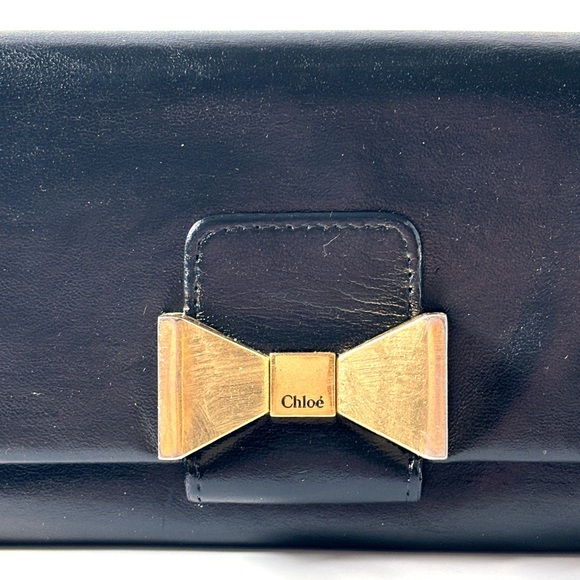 Chloé Black Leather Bow Clutch – Gold Hardware, French Designer - Picture 4 of 7